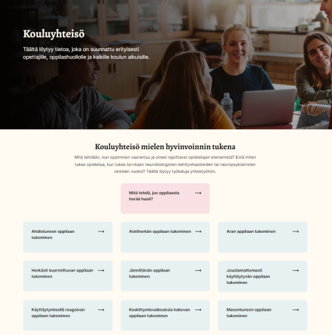 Kuva kouluyhteisö nettisivusta, 4 tyttöä kuvassa hymyilevät toisilleen ja heillä tietokoneet edessä