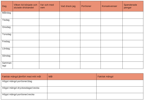 Exempel på dagbok över dryckesvanor och konsekvenser, samt jämförelse över mål och faktisk mängd