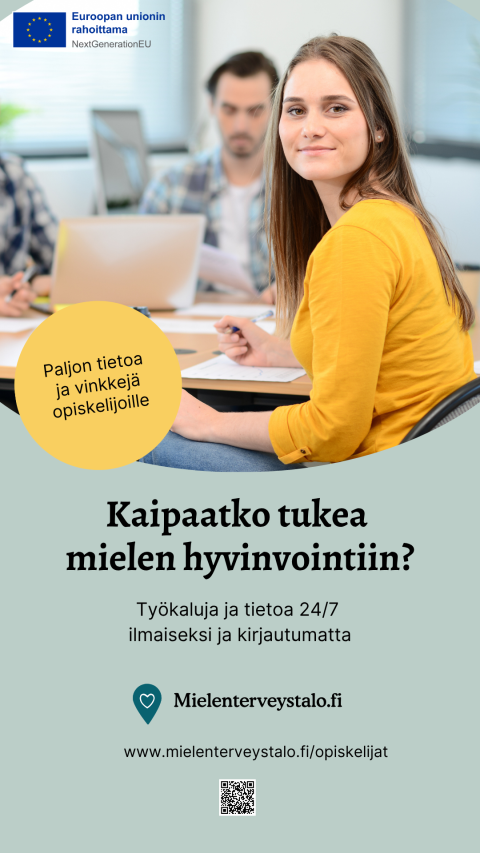 Infonäytölle tarkoitettu pysty kuva mielenterveystalon opiskelijoiden sisällöstä